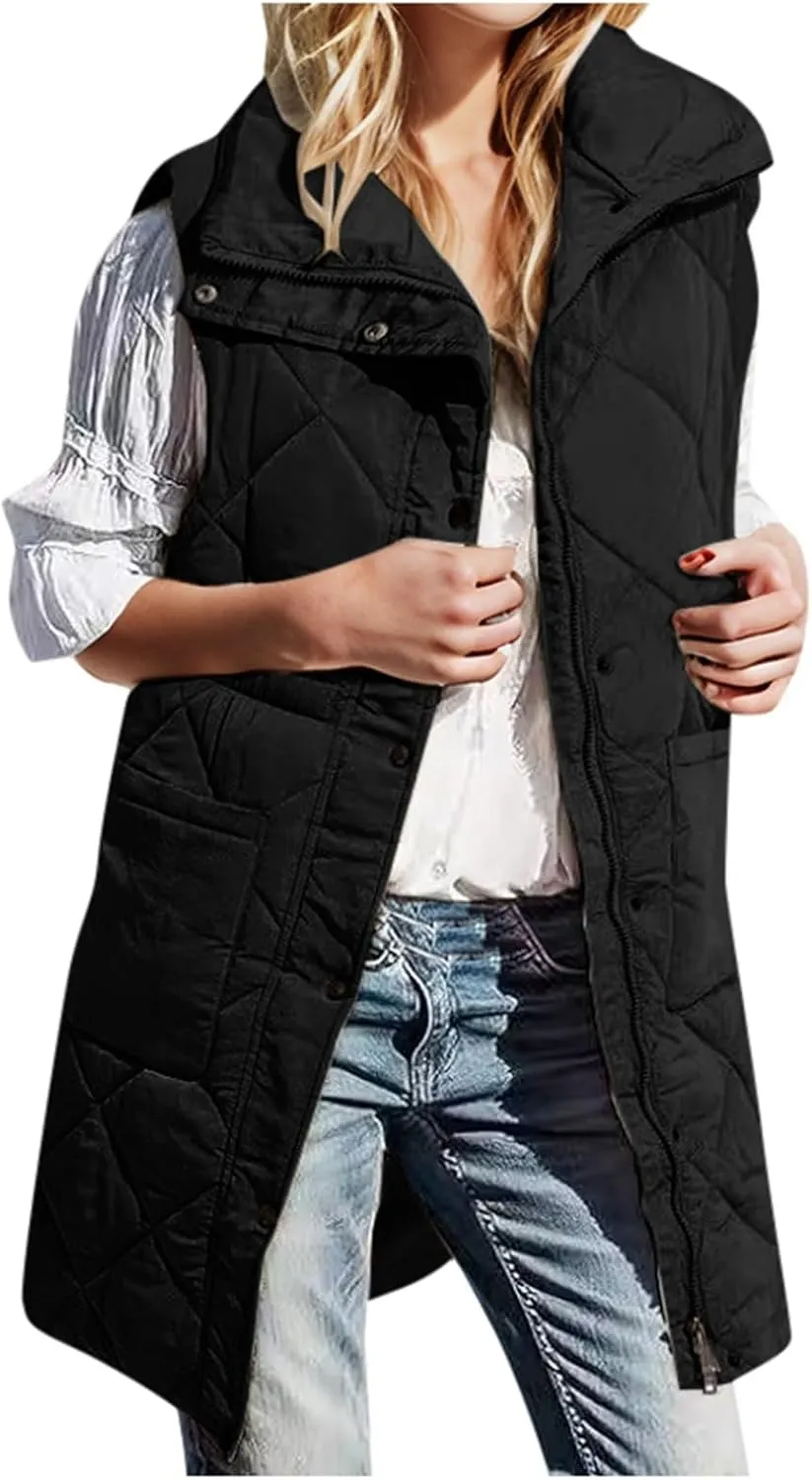 Winter Vest for Women Solid Lapel Zip Up Mid-Length Slim Fit Jackets Fall Winter Trendy Plus Size Quilted Jacket