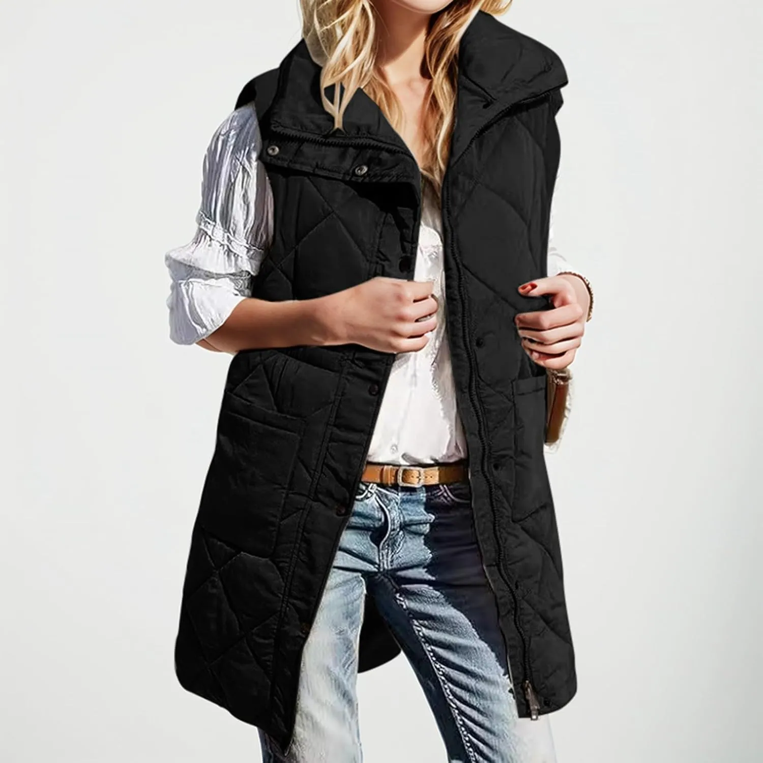 Winter Vest for Women Solid Lapel Zip Up Mid-Length Slim Fit Jackets Fall Winter Trendy Plus Size Quilted Jacket