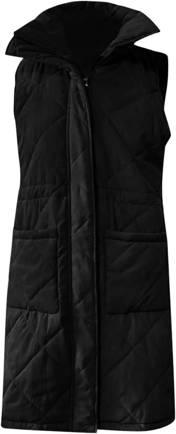 Winter Vest for Women Solid Lapel Zip Up Mid-Length Slim Fit Jackets Fall Winter Trendy Plus Size Quilted Jacket
