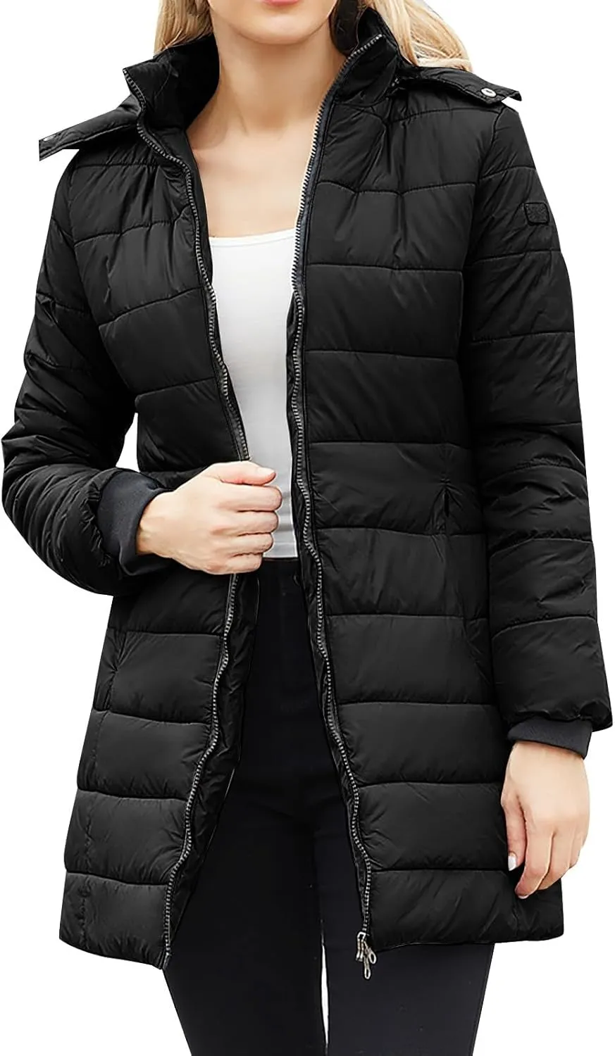 Women Down Puffer Jacket with Removable Hood Slim Fit Warm Quilted Jacket Zip Up Lightweight Padded Winter Coats