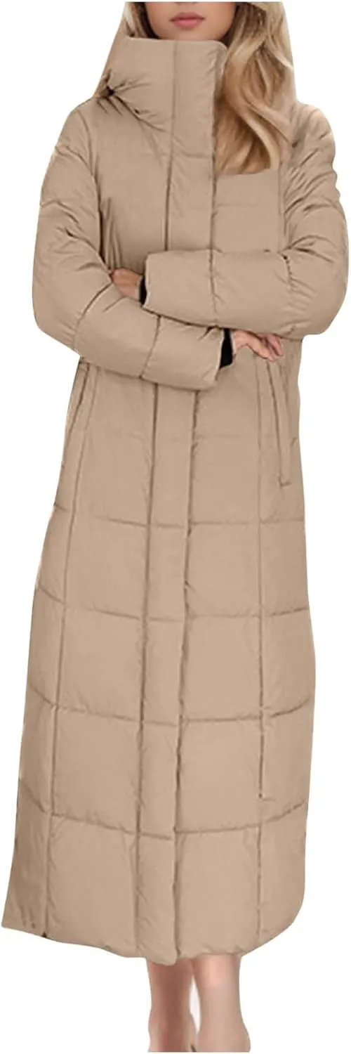 Women Quilted Long Puffer Jacket Winter Heavyweight Warm Down Coats Casual Long Sleeve Hooded Padded Outwear
