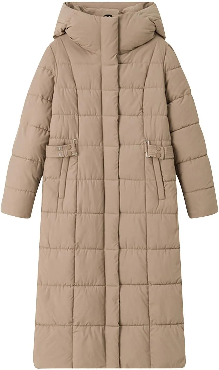 Women Quilted Long Puffer Jacket Winter Heavyweight Warm Down Coats Casual Long Sleeve Hooded Padded Outwear