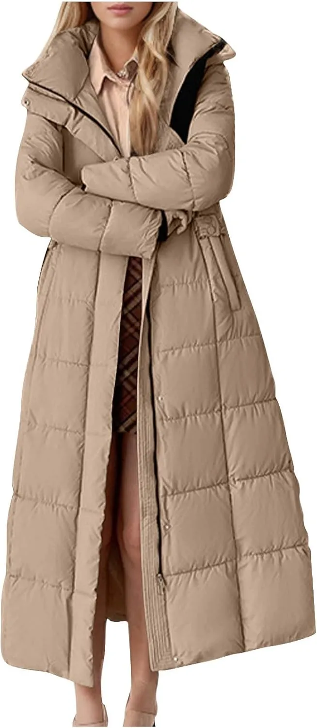 Women Quilted Long Puffer Jacket Winter Heavyweight Warm Down Coats Casual Long Sleeve Hooded Padded Outwear