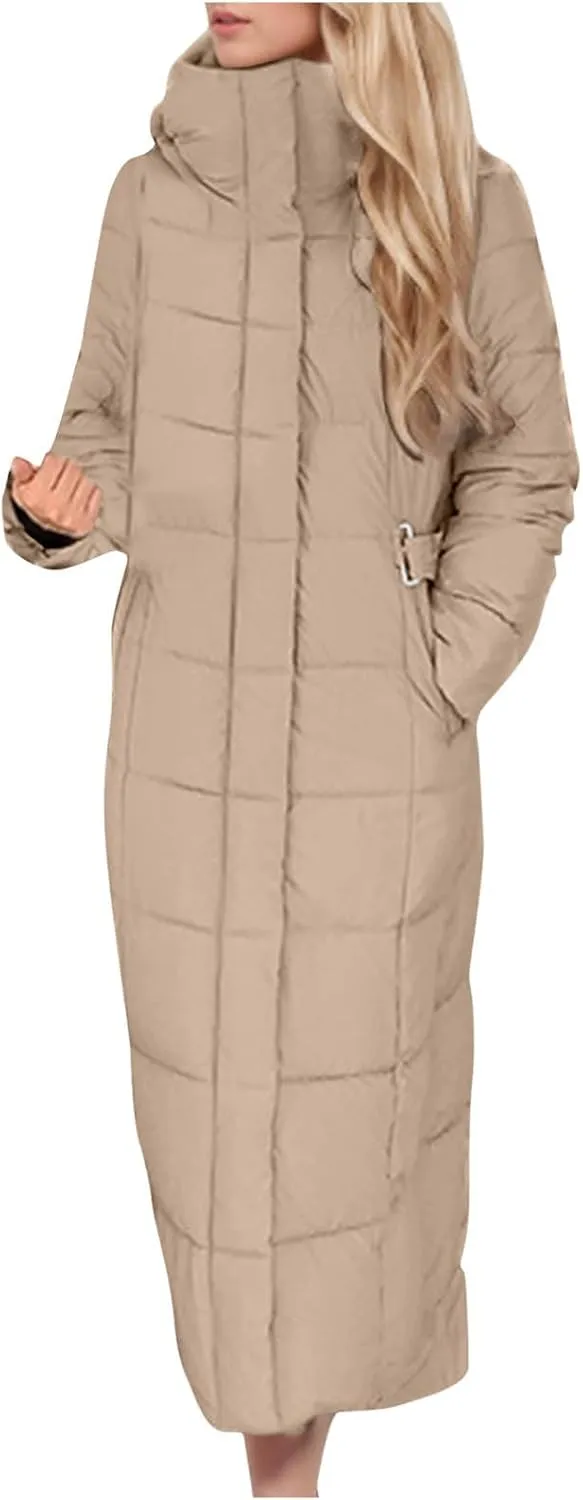 Women Quilted Long Puffer Jacket Winter Heavyweight Warm Down Coats Casual Long Sleeve Hooded Padded Outwear