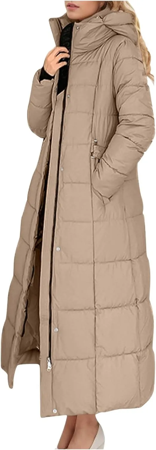 Women Quilted Long Puffer Jacket Winter Heavyweight Warm Down Coats Casual Long Sleeve Hooded Padded Outwear