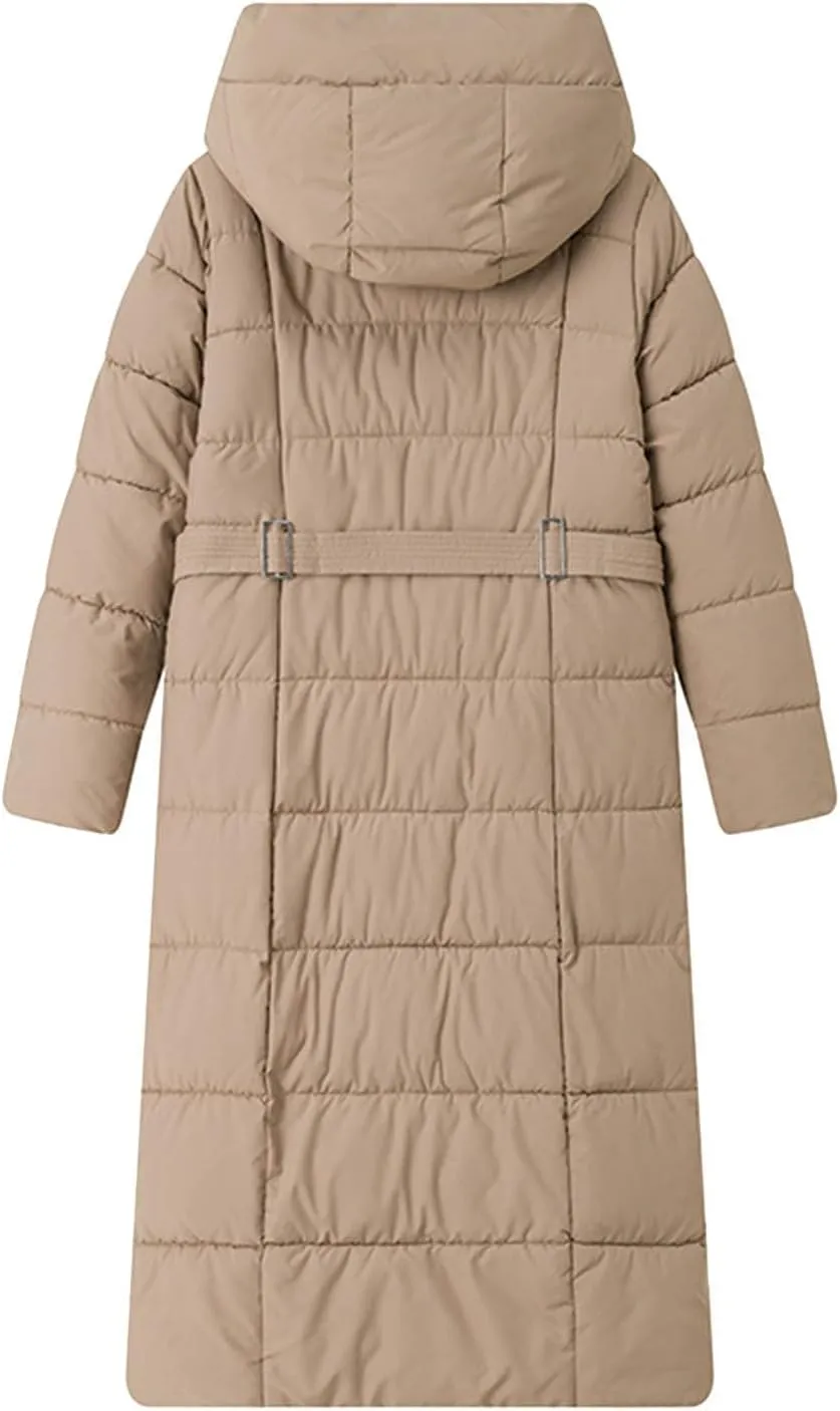 Women Quilted Long Puffer Jacket Winter Heavyweight Warm Down Coats Casual Long Sleeve Hooded Padded Outwear