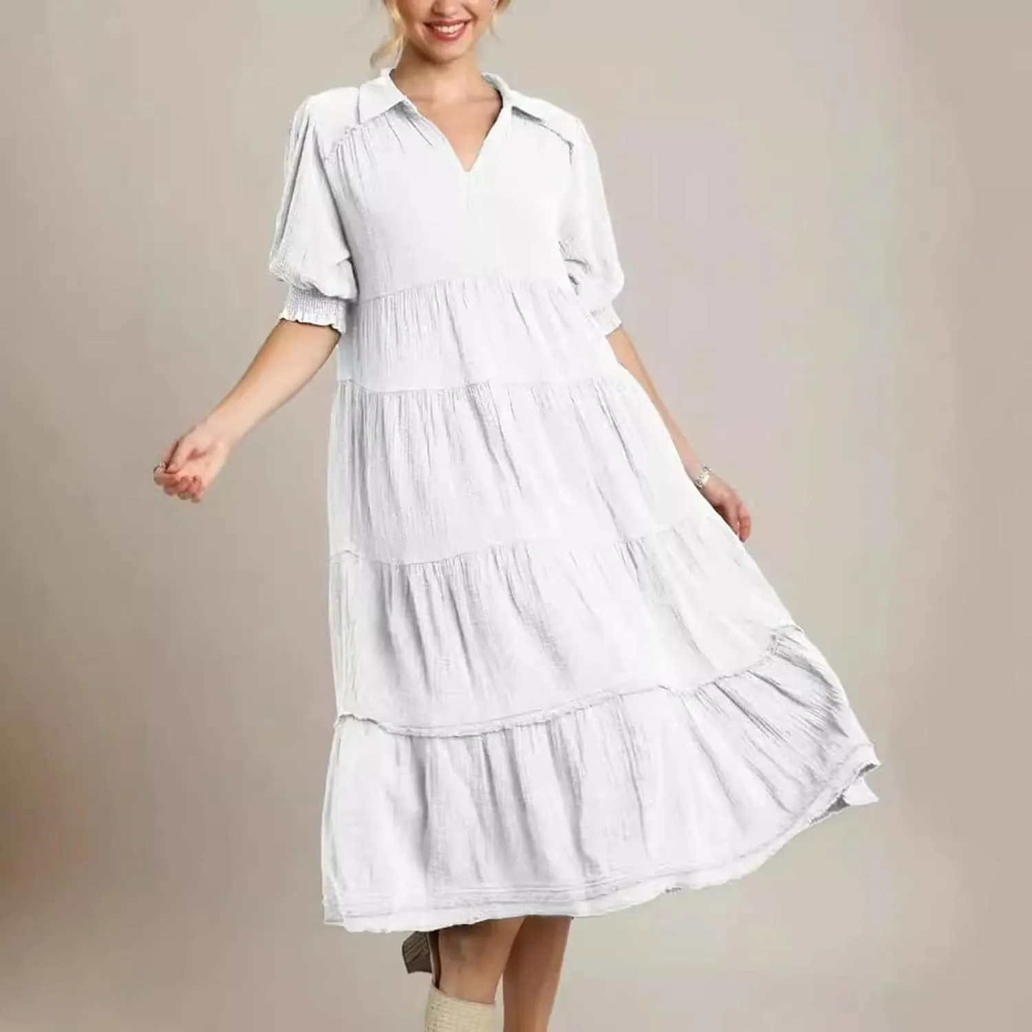 Women Summer Maxi Dress Puff Short Sleeve V Neck Tiered Boho Dresses Flowy Loose Fit Vacation Travel Outfits