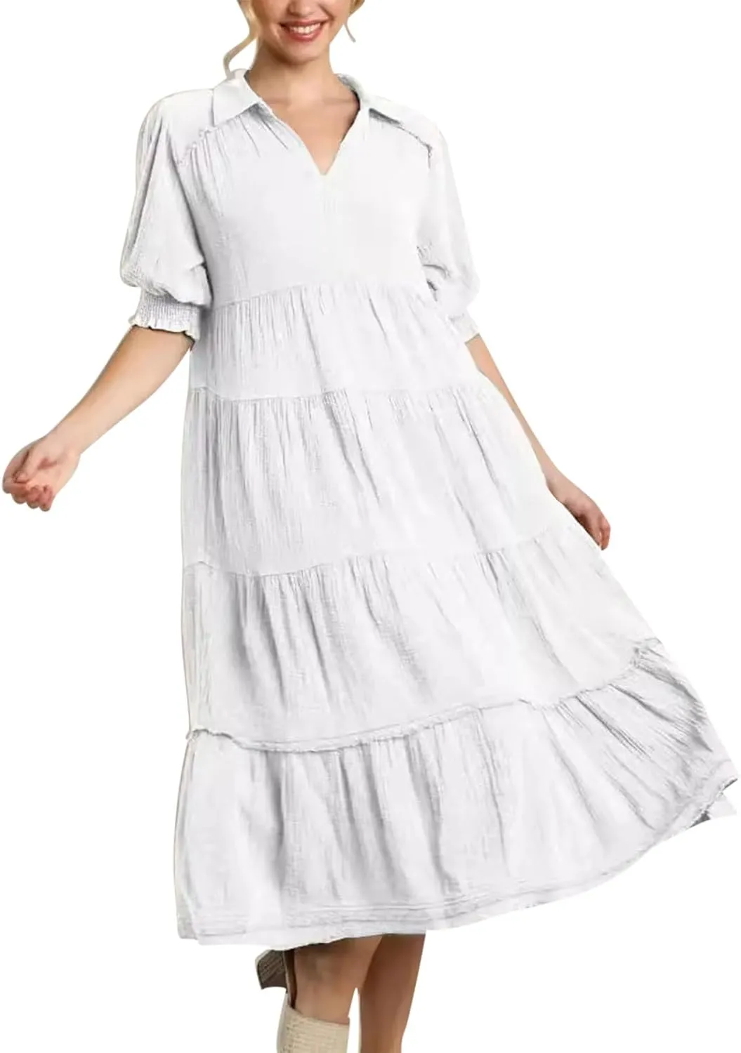 Women Summer Maxi Dress Puff Short Sleeve V Neck Tiered Boho Dresses Flowy Loose Fit Vacation Travel Outfits