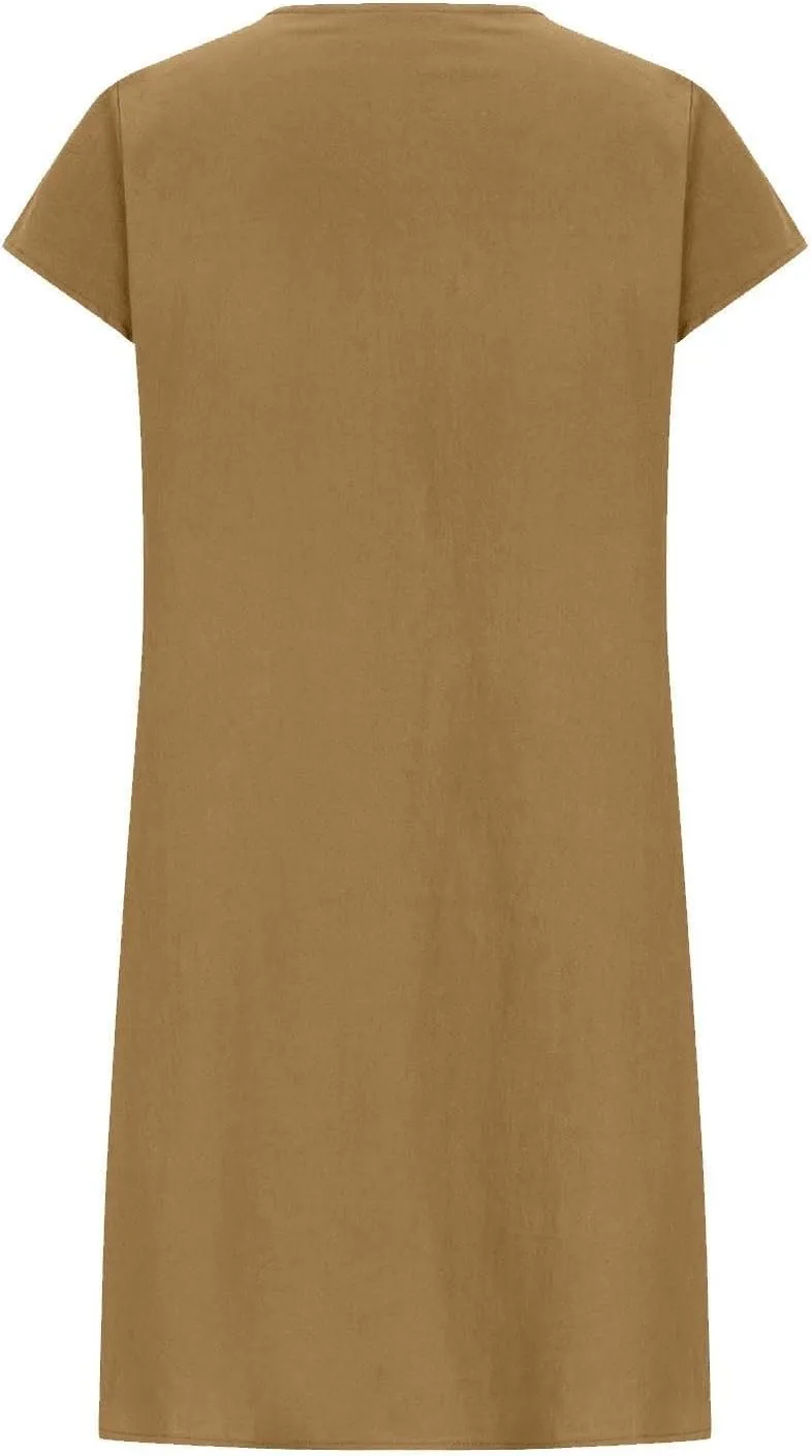 Women's 2025 Cotton Linen Midi Dress Plus Size Cap Sleeve Pleated Summer Dresses Vacation Crew Neck Casual Dress