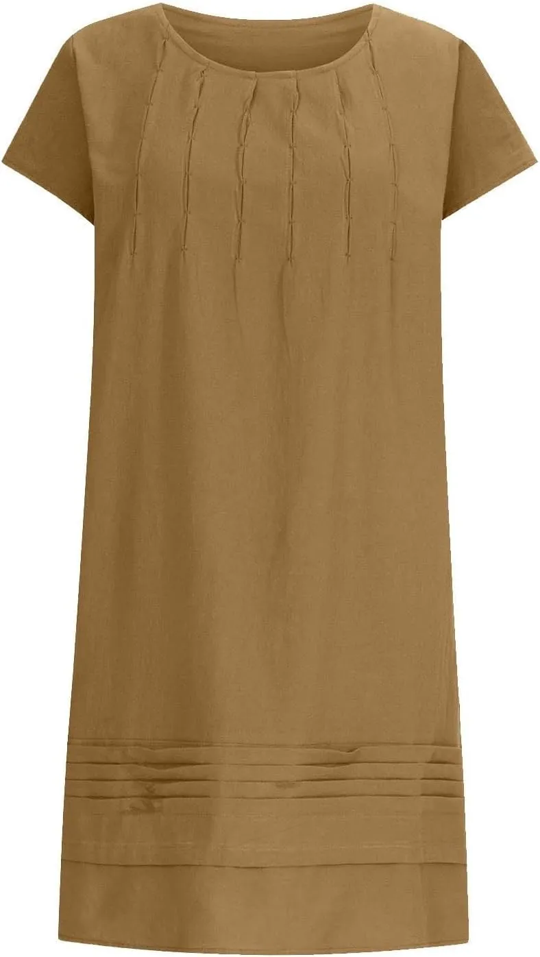 Women's 2025 Cotton Linen Midi Dress Plus Size Cap Sleeve Pleated Summer Dresses Vacation Crew Neck Casual Dress