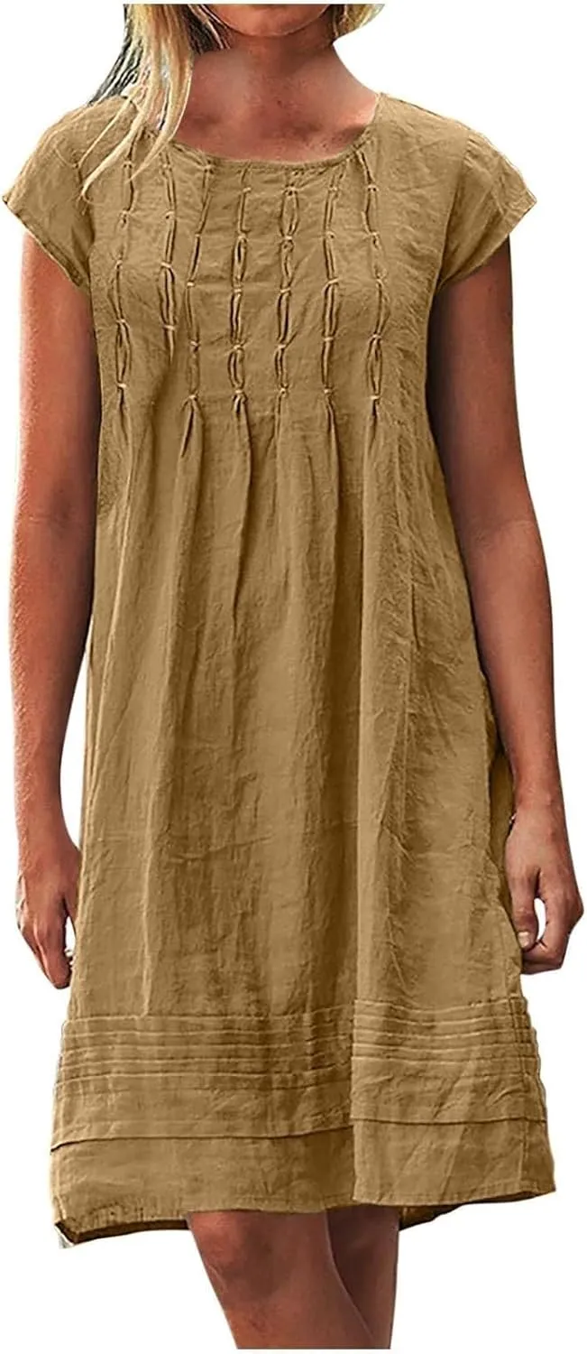 Women's 2025 Cotton Linen Midi Dress Plus Size Cap Sleeve Pleated Summer Dresses Vacation Crew Neck Casual Dress