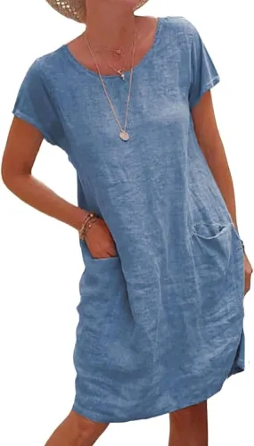 Womens Casual Summer Linen T Shirt Round Neck Dress Swimsuit Loose Cover Up Short Sleeve Tunic Dresses with Pocket