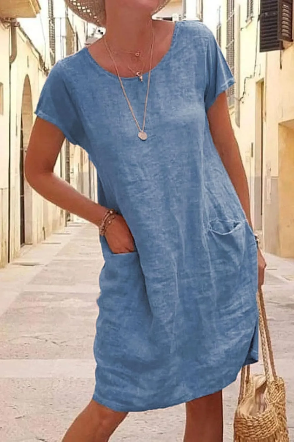 Womens Casual Summer Linen T Shirt Round Neck Dress Swimsuit Loose Cover Up Short Sleeve Tunic Dresses with Pocket