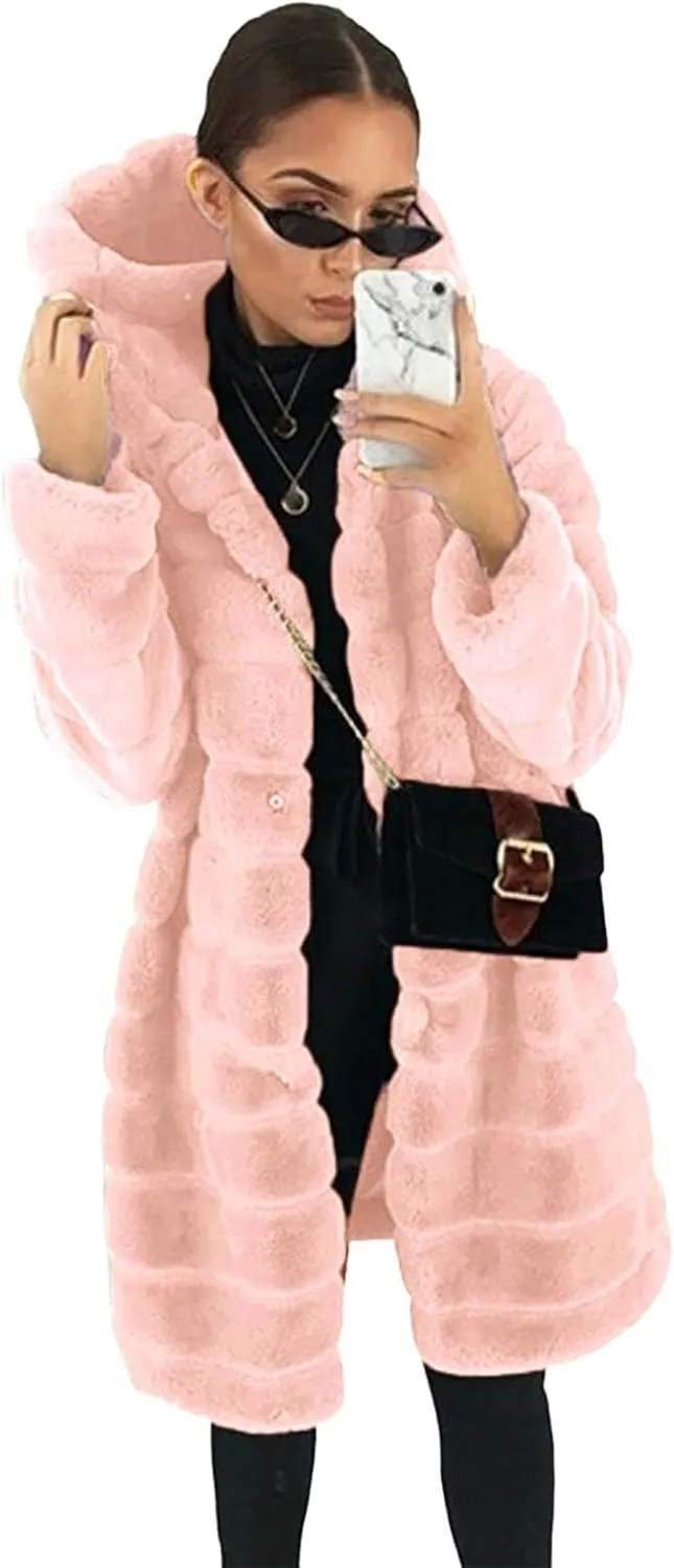 Womens Fleece Coats Casual Solid Long Sleeve Jacket Plus Size Soft Comfy Hooded Padded Outwear 2024 Warm Winter Coat