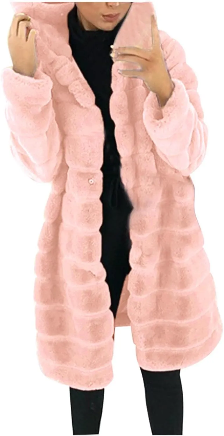 Womens Fleece Coats Casual Solid Long Sleeve Jacket Plus Size Soft Comfy Hooded Padded Outwear 2024 Warm Winter Coat
