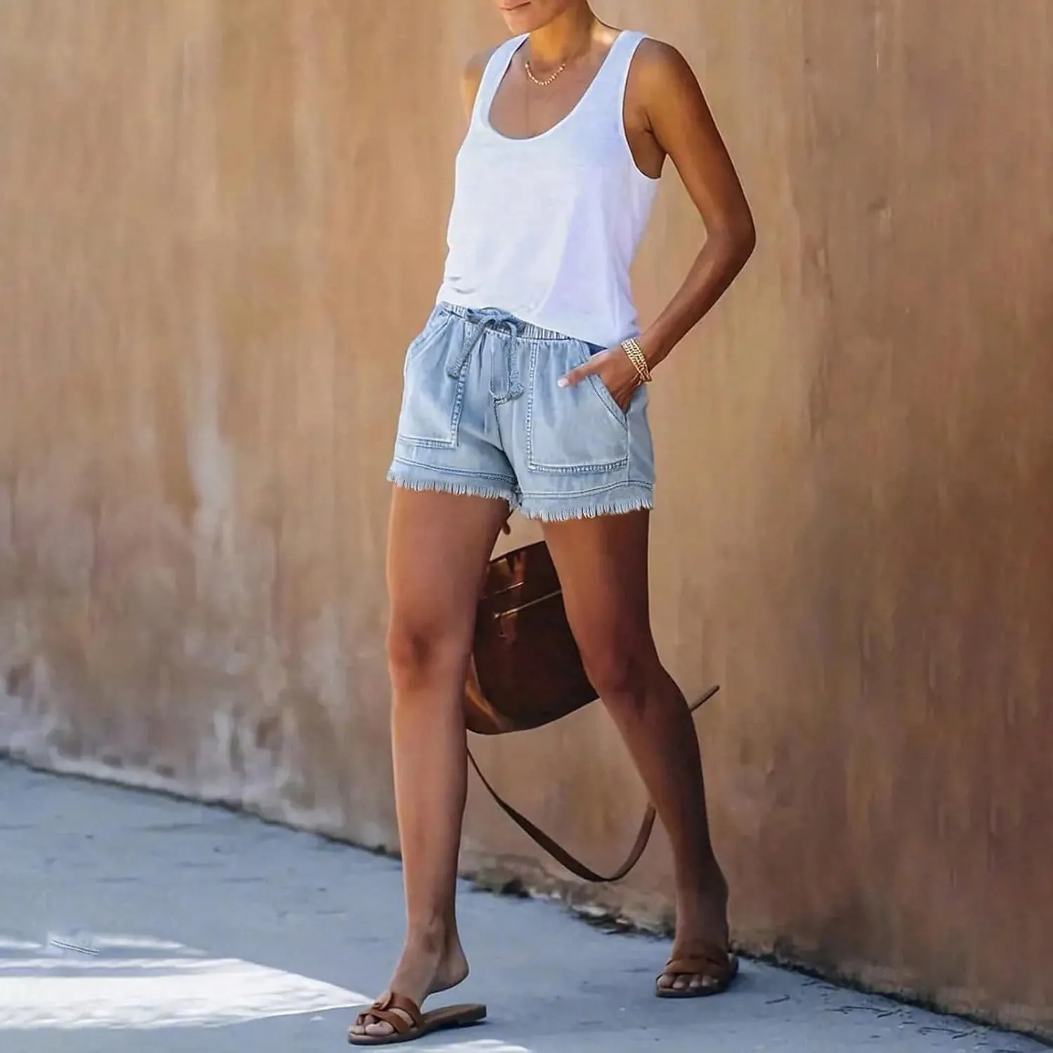 Womens Jean Shorts High Waisted Ripped Stretchy Denim Shorts Casual Cute Frayed Rolled Hem Baggy Jorts with Pockets