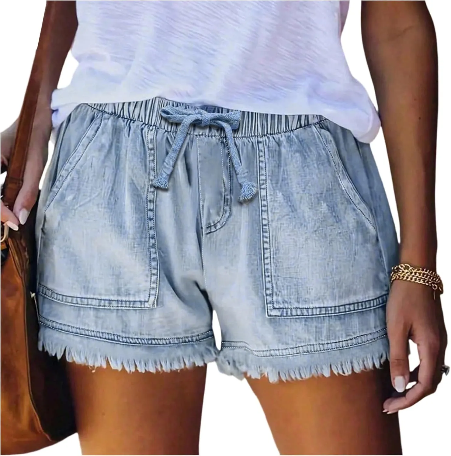 Womens Jean Shorts High Waisted Ripped Stretchy Denim Shorts Casual Cute Frayed Rolled Hem Baggy Jorts with Pockets