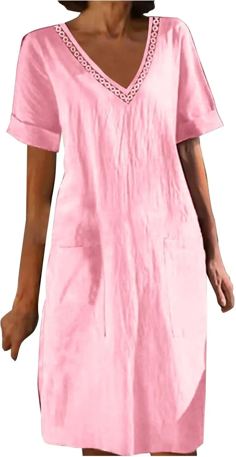 Womens Linen Dress Short Sleeve V-Neck T Shirts Dresses Casual Loose Solid Color Lace Mini Dress Boho Travel Dresses