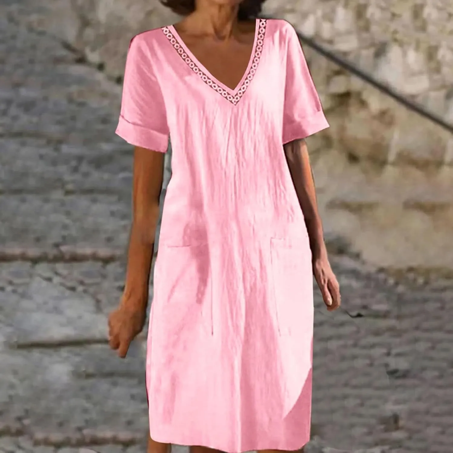 Womens Linen Dress Short Sleeve V-Neck T Shirts Dresses Casual Loose Solid Color Lace Mini Dress Boho Travel Dresses