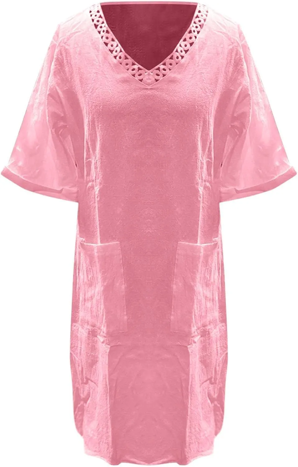 Womens Linen Dress Short Sleeve V-Neck T Shirts Dresses Casual Loose Solid Color Lace Mini Dress Boho Travel Dresses
