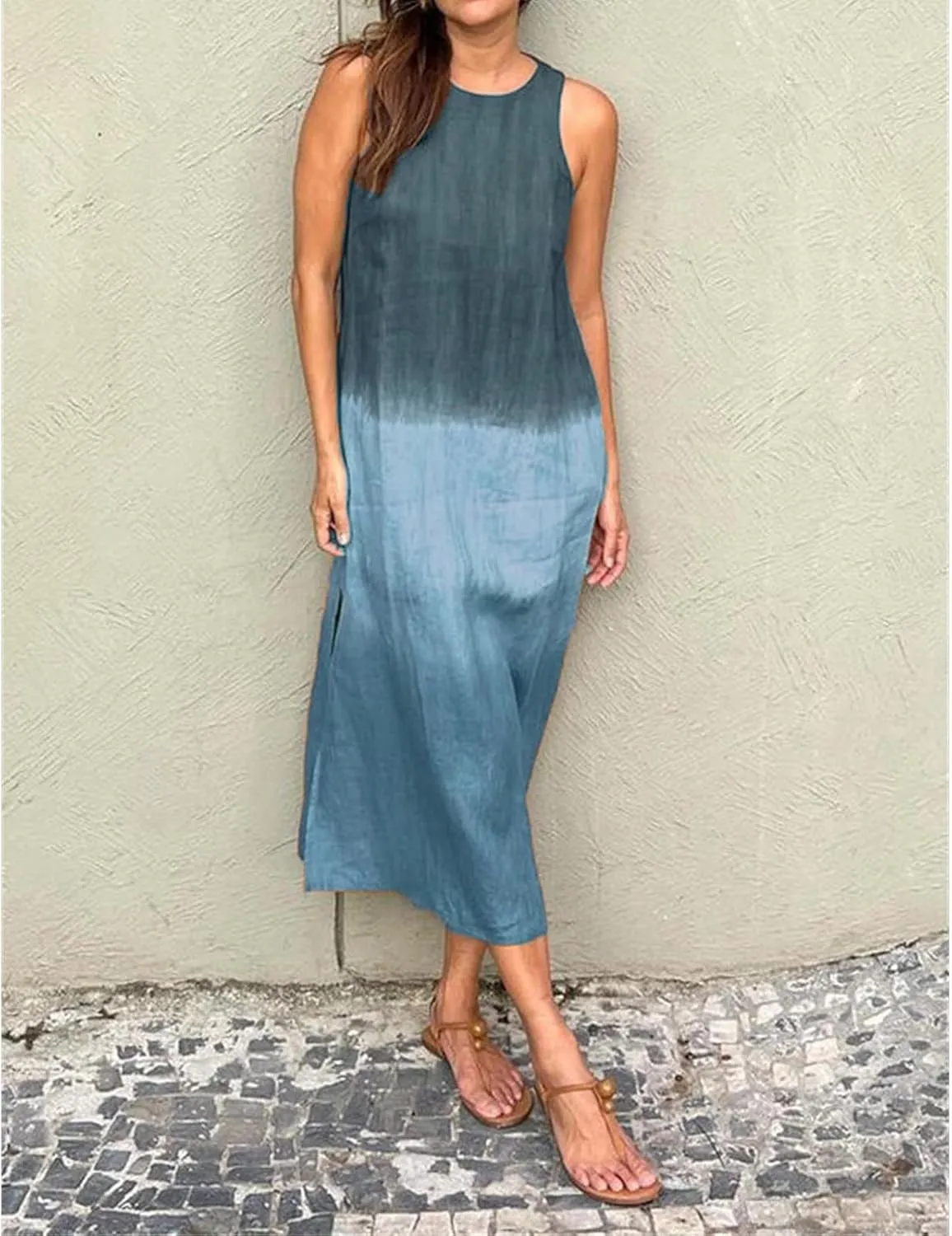 Women's Linen Sleeveless Crew Neck Tank Slit Maxi Dress Casual Gradient Lounge Beach Vacation Trendy Fashion Dresses