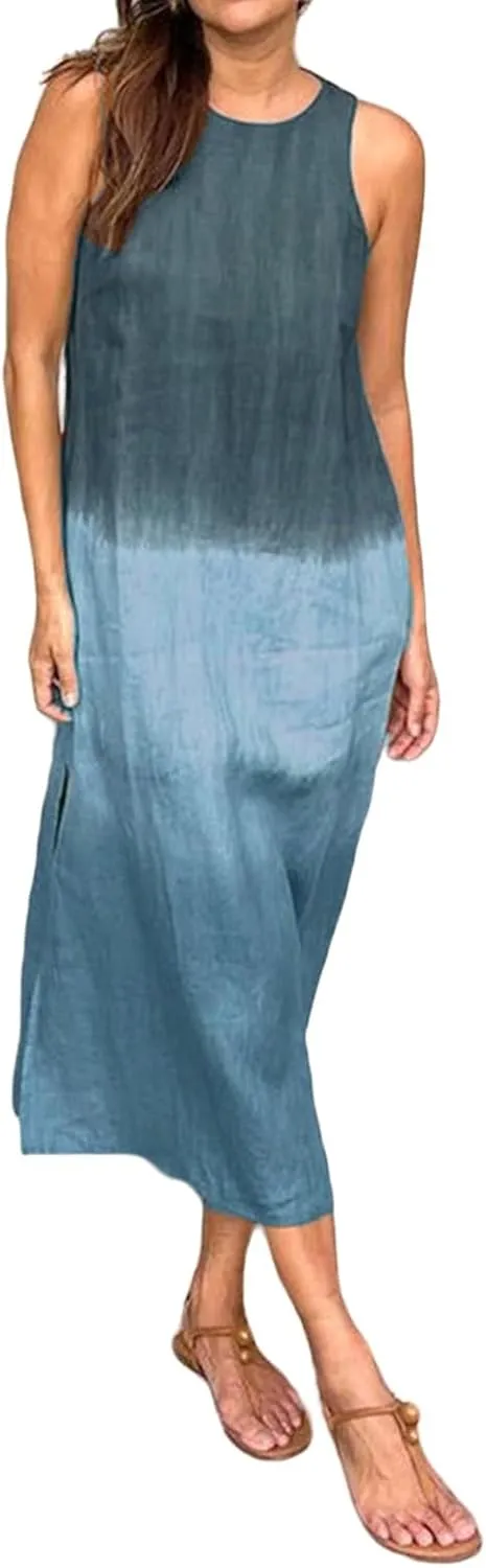 Women's Linen Sleeveless Crew Neck Tank Slit Maxi Dress Casual Gradient Lounge Beach Vacation Trendy Fashion Dresses
