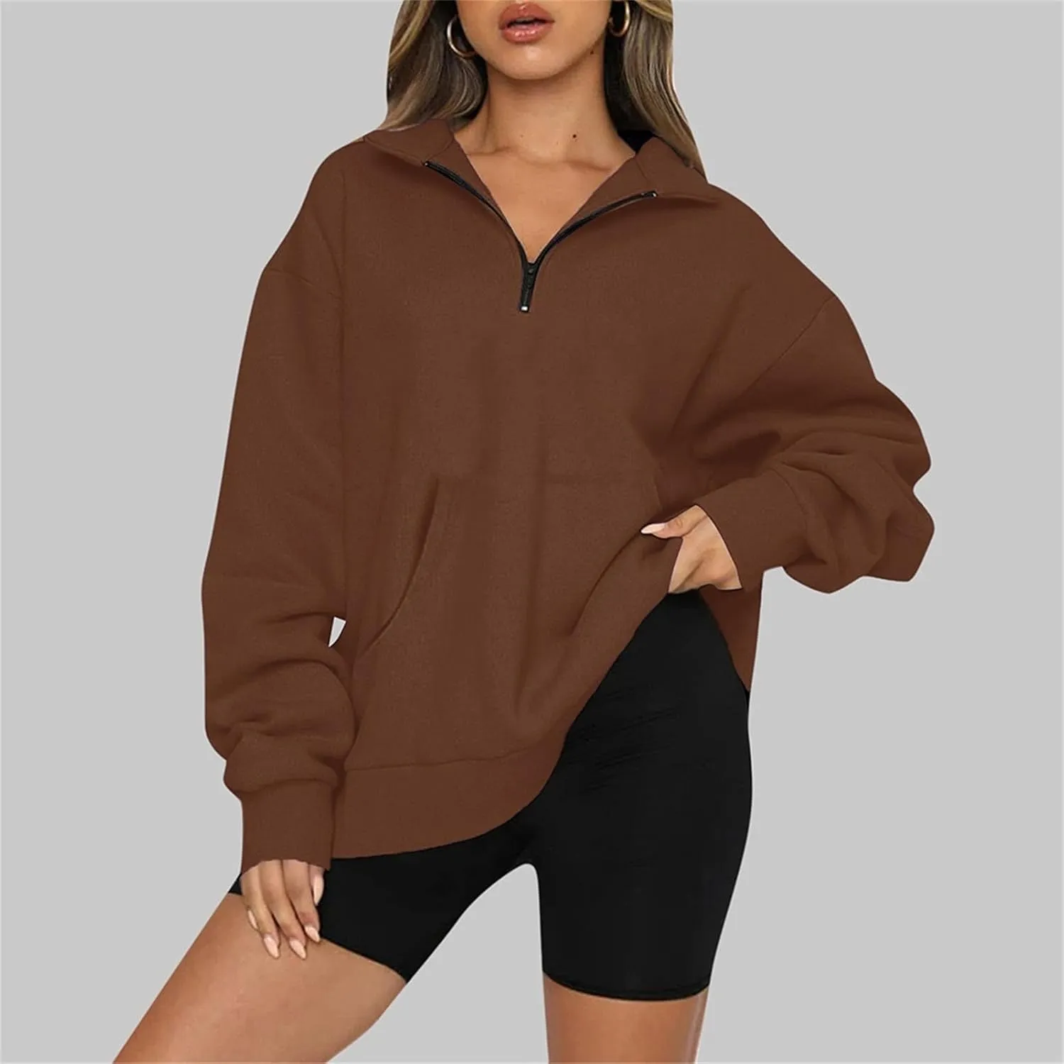 Womens Quarter Zip Pullover Cropped Fleece Hoodies Lightweight Crew Neck Sweatshirt Casual Fall Outfit