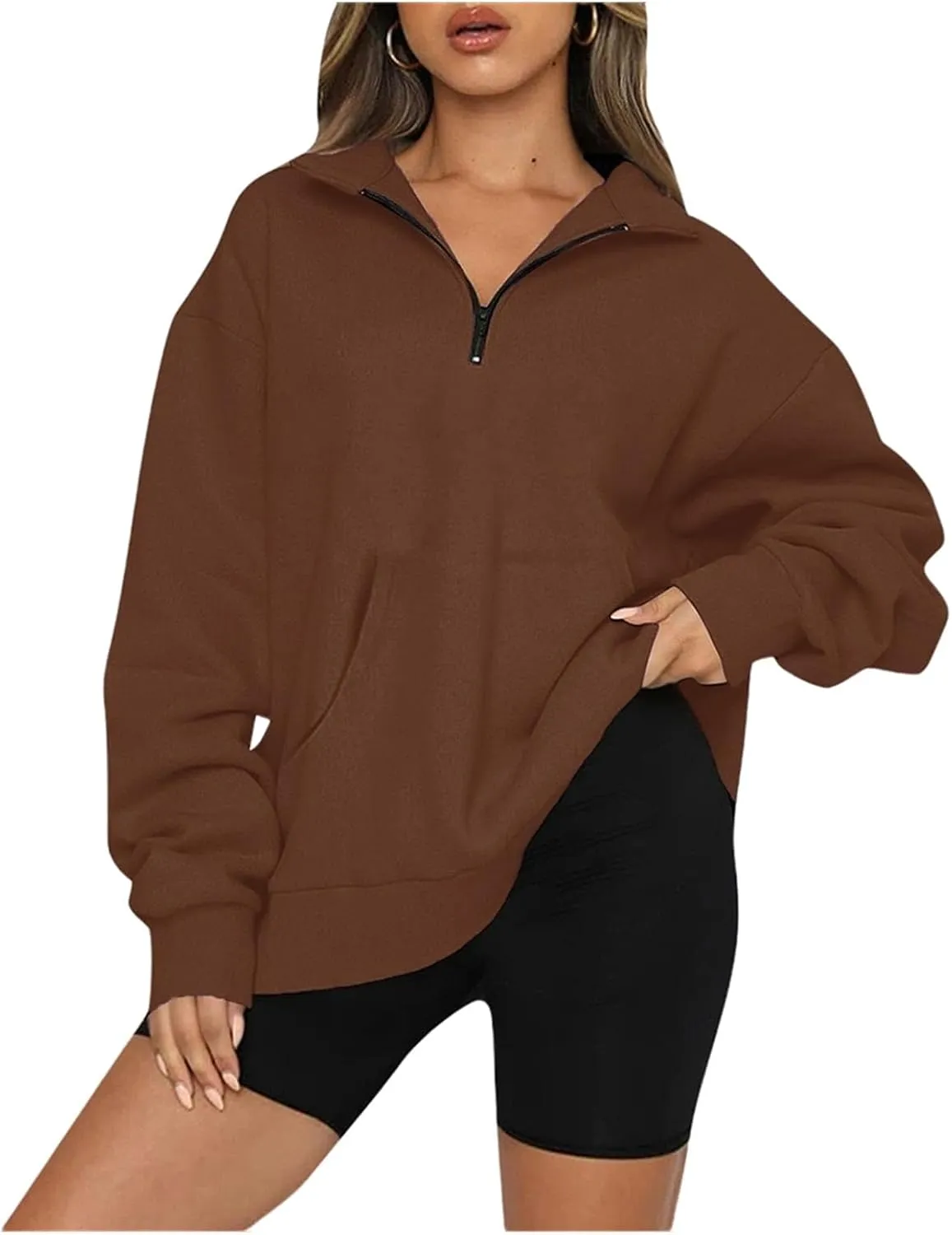 Womens Quarter Zip Pullover Cropped Fleece Hoodies Lightweight Crew Neck Sweatshirt Casual Fall Outfit