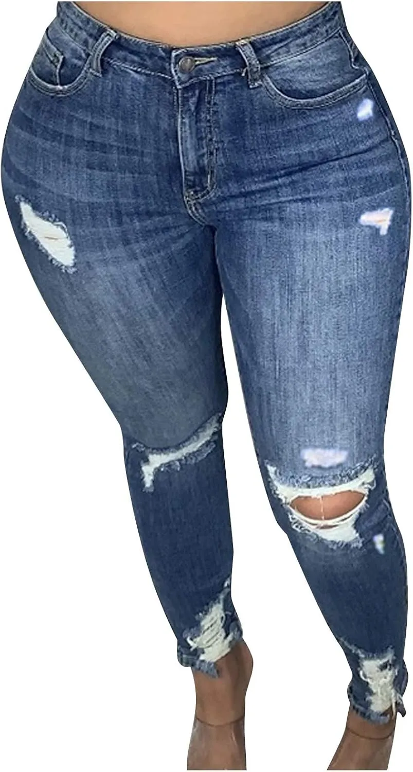Women's Skinny Ripped Jeans High Waist Stretch Jeans Ripped Distressed Denim Pants Butt Lifting Jeans