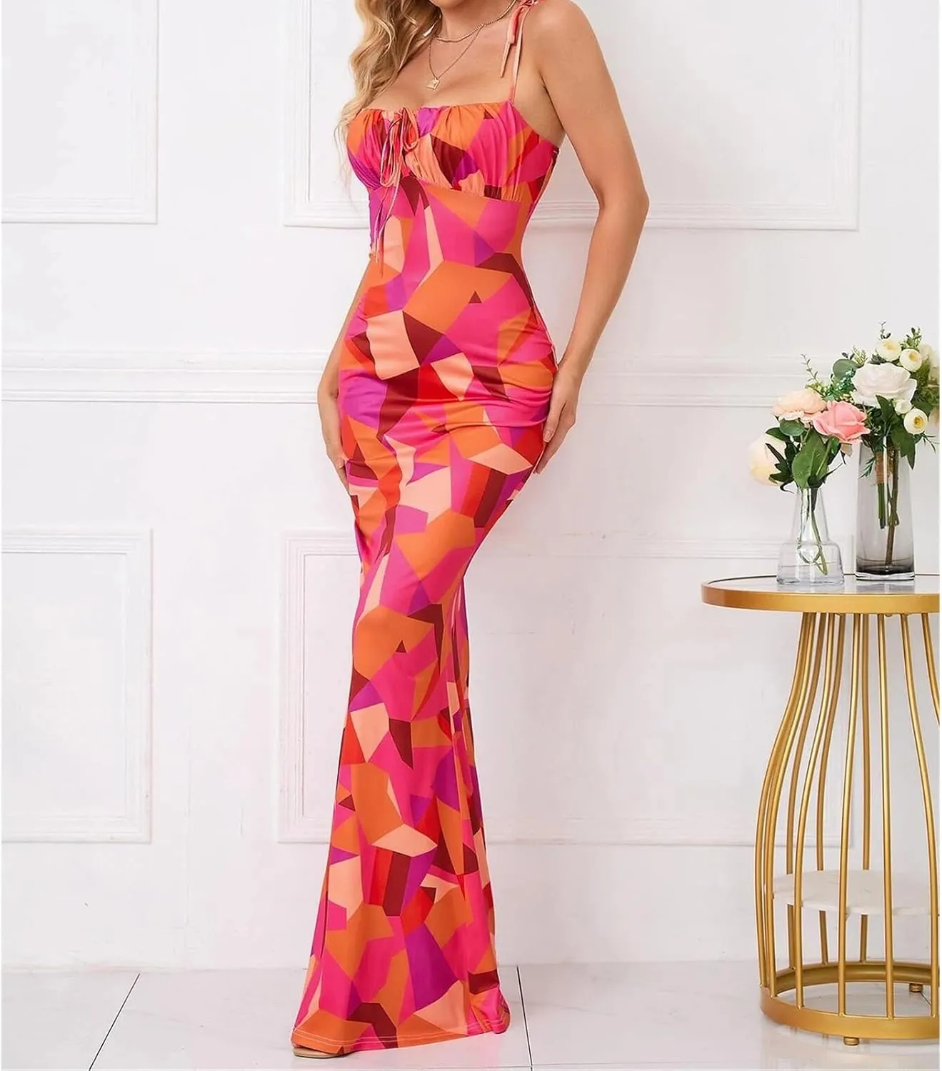 Women's Sleeveless Spaghetti Strap Wedding Guest Party Dress Cocktail Evening Square Neck Maxi Bodycon Dresses