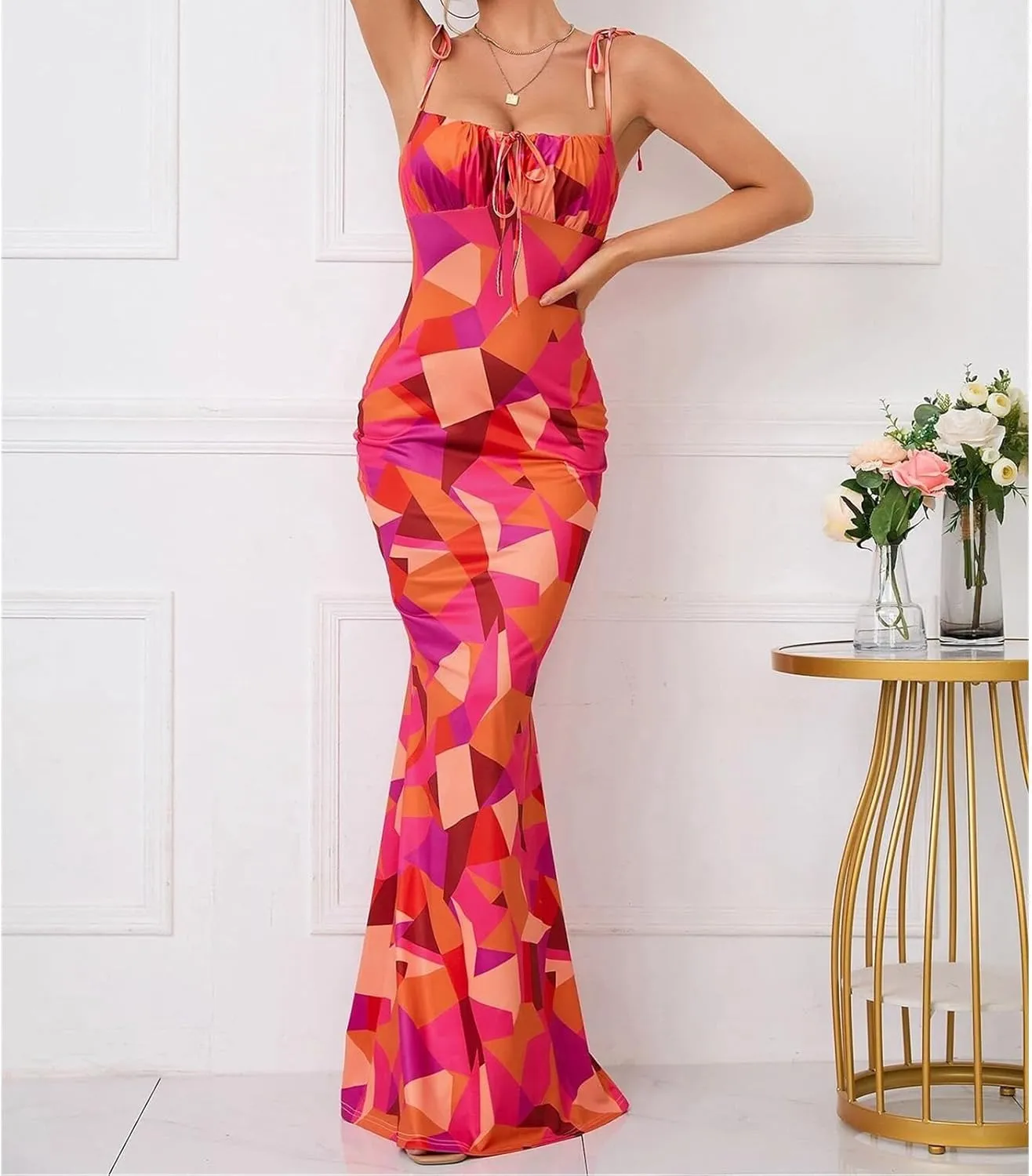 Women's Sleeveless Spaghetti Strap Wedding Guest Party Dress Cocktail Evening Square Neck Maxi Bodycon Dresses