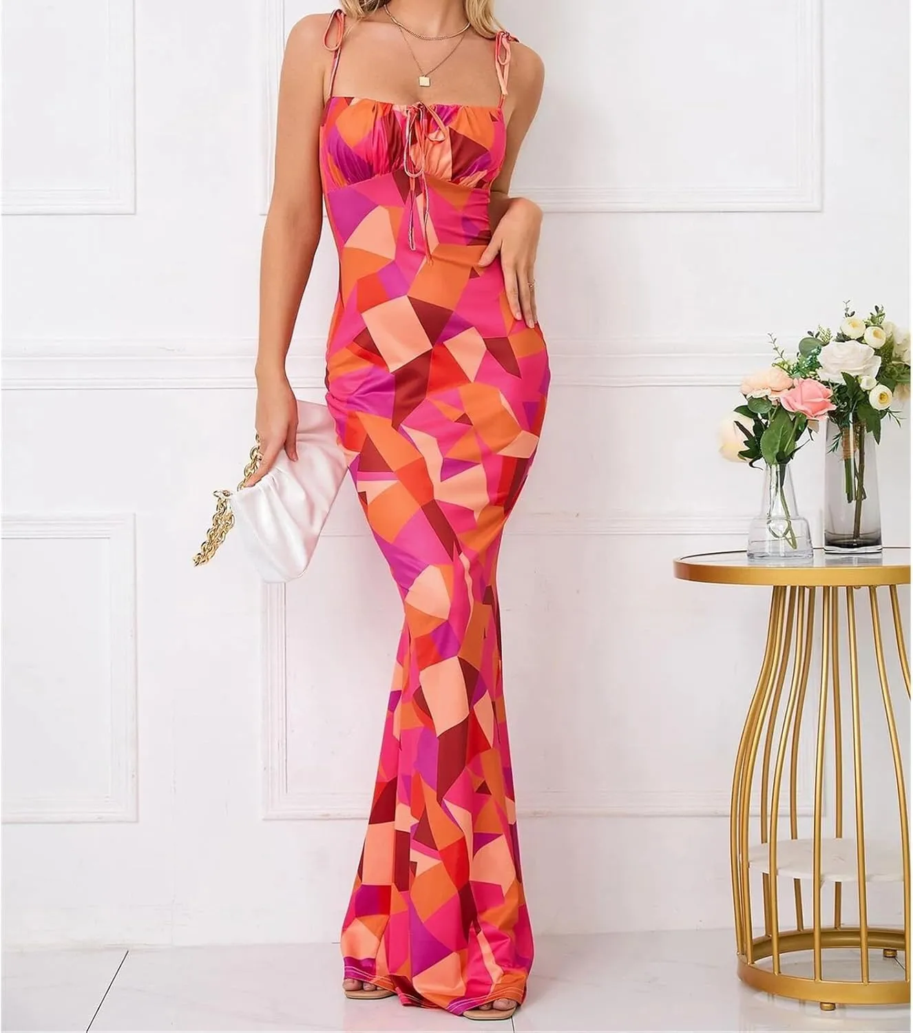 Women's Sleeveless Spaghetti Strap Wedding Guest Party Dress Cocktail Evening Square Neck Maxi Bodycon Dresses