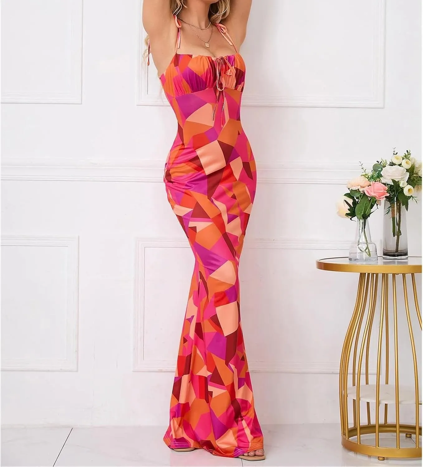 Women's Sleeveless Spaghetti Strap Wedding Guest Party Dress Cocktail Evening Square Neck Maxi Bodycon Dresses