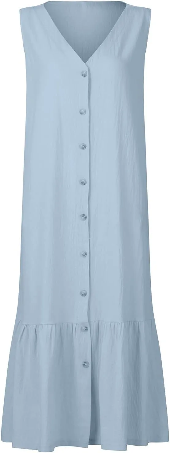 Women's Summer Cotton Linen Long Dress Sleeveless V Neck Button Down Tank Dresses Plus Size Loose Flowy Dress Pockets