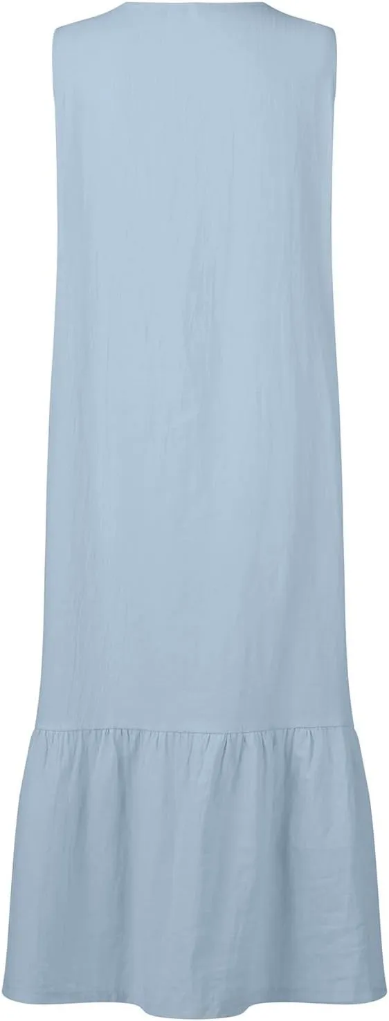 Women's Summer Cotton Linen Long Dress Sleeveless V Neck Button Down Tank Dresses Plus Size Loose Flowy Dress Pockets