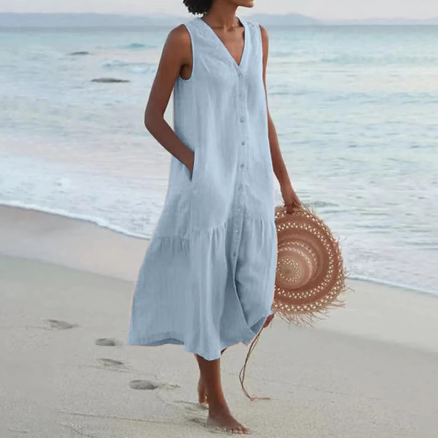 Women's Summer Cotton Linen Long Dress Sleeveless V Neck Button Down Tank Dresses Plus Size Loose Flowy Dress Pockets
