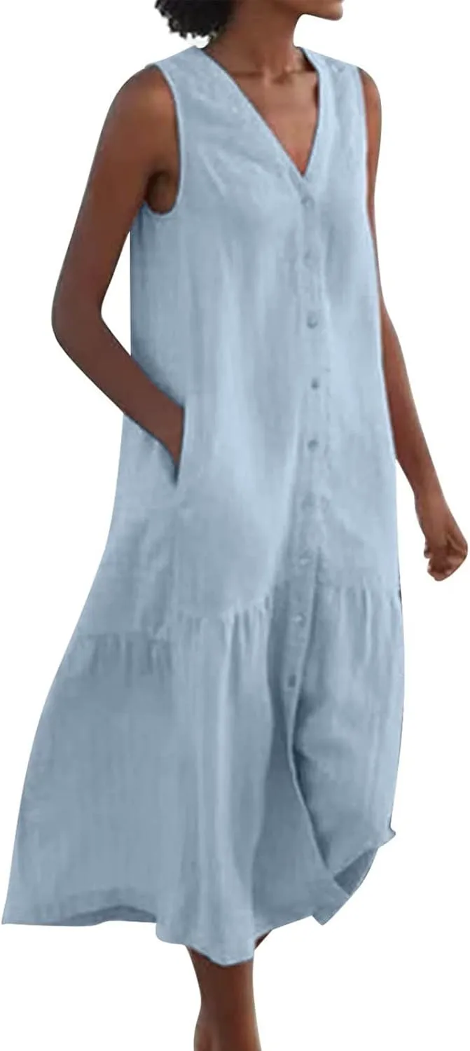 Women's Summer Cotton Linen Long Dress Sleeveless V Neck Button Down Tank Dresses Plus Size Loose Flowy Dress Pockets