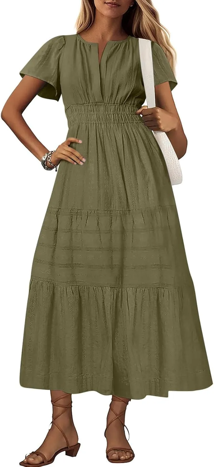 Womens Summer Dresses Casual Short Sleeve V Neck Boho Sundress Tiered Ruffle A-Line Beach Maxi Dress with Pockets