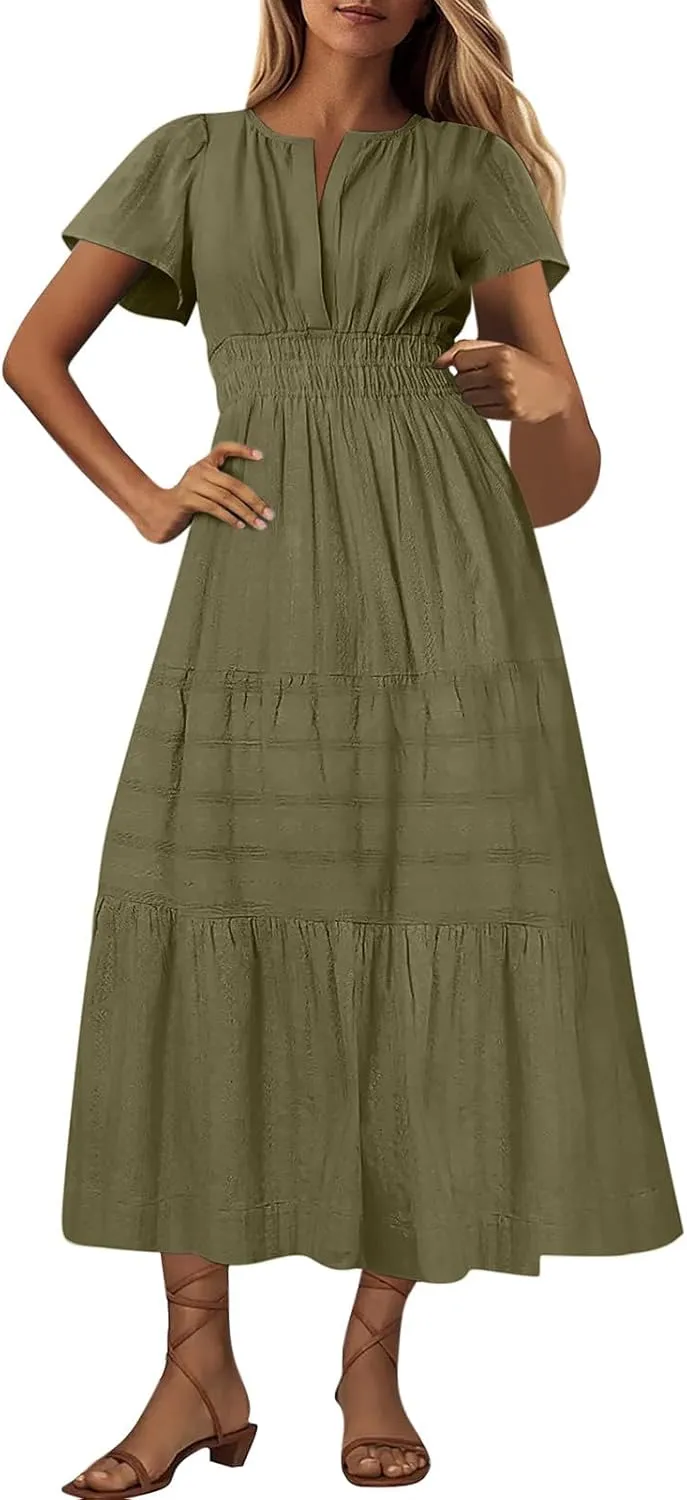 Womens Summer Dresses Casual Short Sleeve V Neck Boho Sundress Tiered Ruffle A-Line Beach Maxi Dress with Pockets