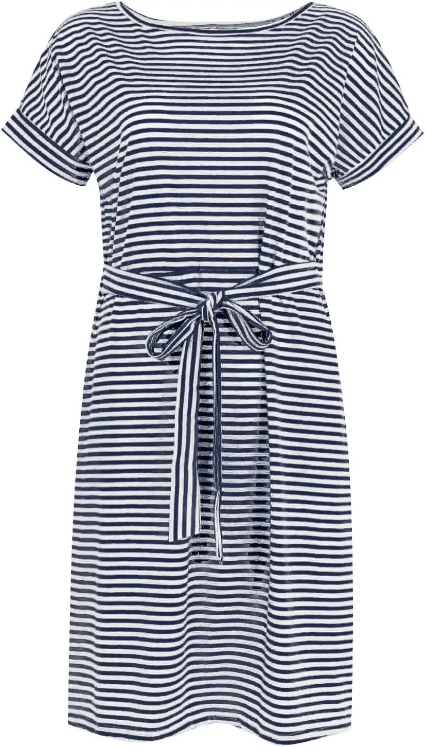 Women's Summer Striped Short Sleeve Tshirt Dress Business Casual Tie Waist Midi Dresses Cute Sun Dress with Pockets