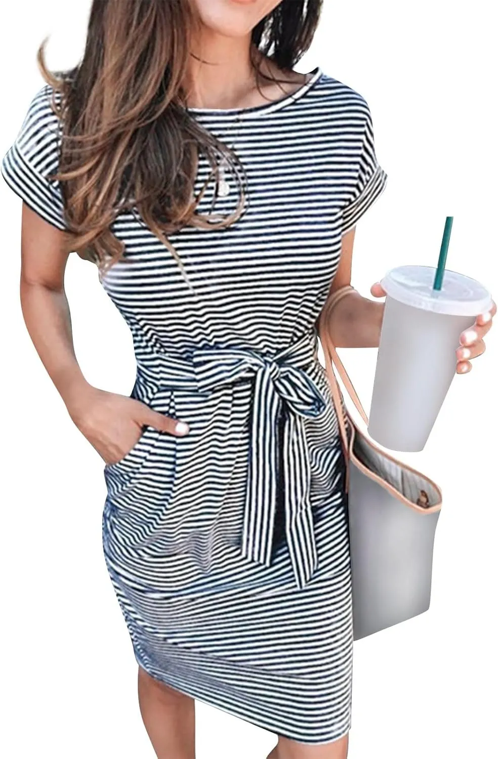 Women's Summer Striped Short Sleeve Tshirt Dress Business Casual Tie Waist Midi Dresses Cute Sun Dress with Pockets