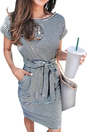 Women's Summer Striped Short Sleeve Tshirt Dress Business Casual Tie Waist Midi Dresses Cute Sun Dress with Pockets