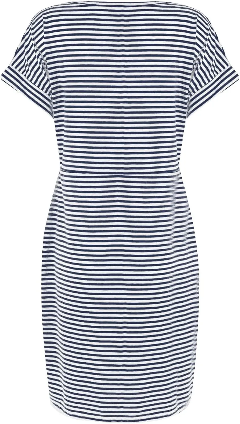 Women's Summer Striped Short Sleeve Tshirt Dress Business Casual Tie Waist Midi Dresses Cute Sun Dress with Pockets