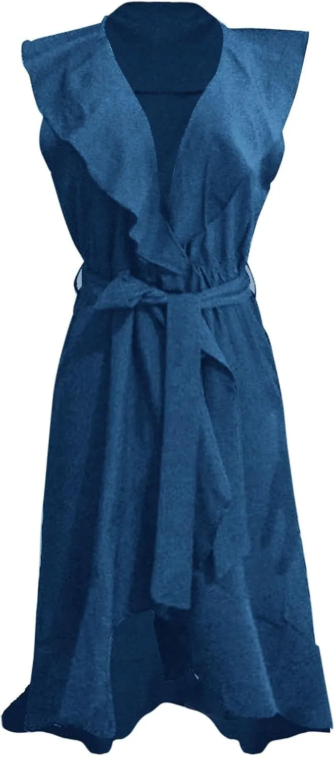 Women's Summer Wrap V Neck Split Party Dress Ruffle Short Sleeve Midi Dresses with Belt Boho Beach Long Dresses