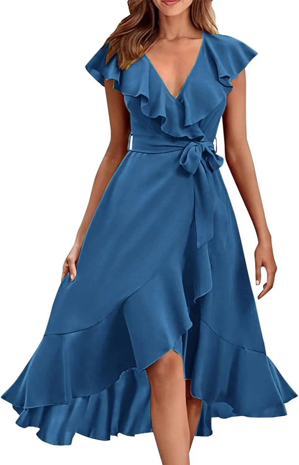 Women's Summer Wrap V Neck Split Party Dress Ruffle Short Sleeve Midi Dresses with Belt Boho Beach Long Dresses