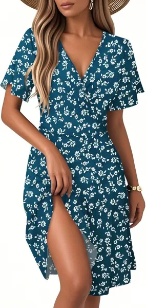Womens Sundress Summer Floral Short Sleeve Wrap V Neck A-Line Casual Beach Midi Vaction Boho Dress
