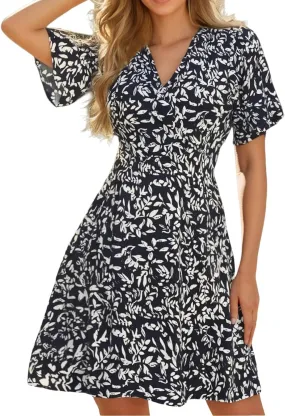 Womens Sundress Summer Floral Short Sleeve Wrap V Neck A-Line Midi Dresses Ruffled Flowy Vacation Casual Dress