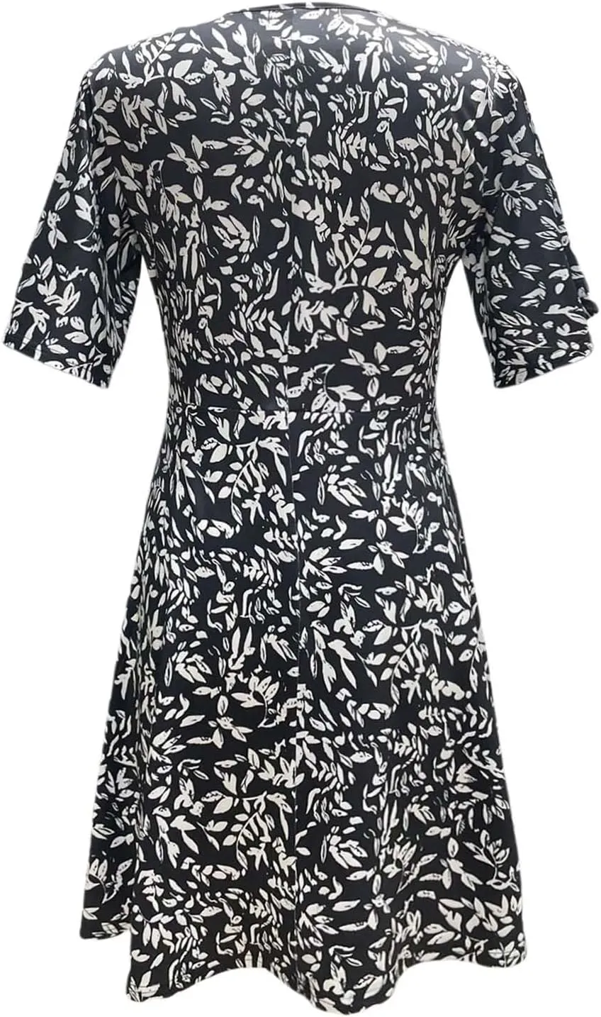 Womens Sundress Summer Floral Short Sleeve Wrap V Neck A-Line Midi Dresses Ruffled Flowy Vacation Casual Dress