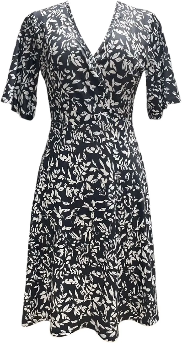Womens Sundress Summer Floral Short Sleeve Wrap V Neck A-Line Midi Dresses Ruffled Flowy Vacation Casual Dress