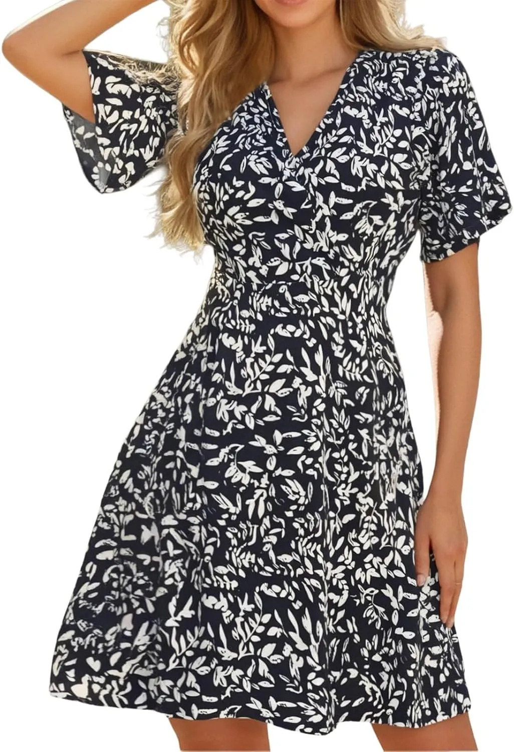 Womens Sundress Summer Floral Short Sleeve Wrap V Neck A-Line Midi Dresses Ruffled Flowy Vacation Casual Dress